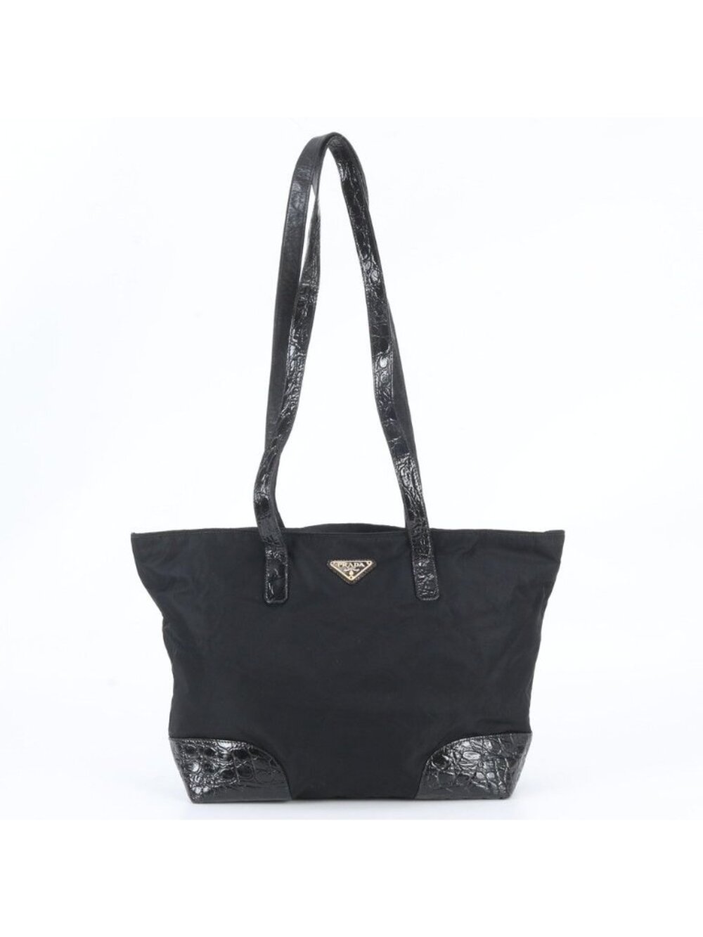 Prada White Tessuto Nylon Triangle Logo Croco Embossed Leather Tote Shoulder